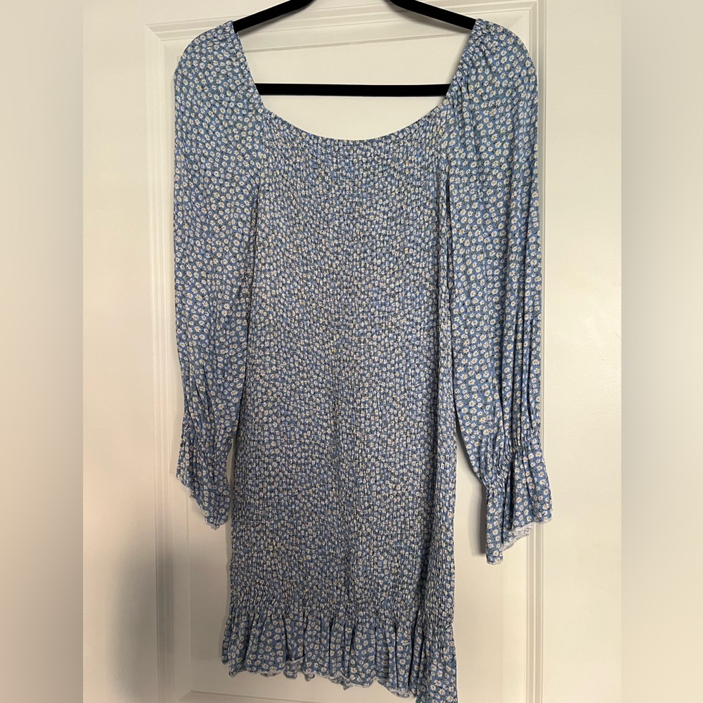 Light Blue Daisy Floral Smocked Long Sleeve Maternity Mini Dress